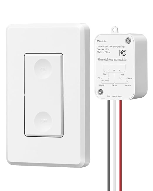 DEWENWILS Wireless Light Switch Kit - No Wiring, 15A High Power, No Wiring, 100FT RF Range, 3 Way Remote Control Wall Switches for Lamps, Ceiling Lights, Fans, 1 Transmitter+1 Receiver