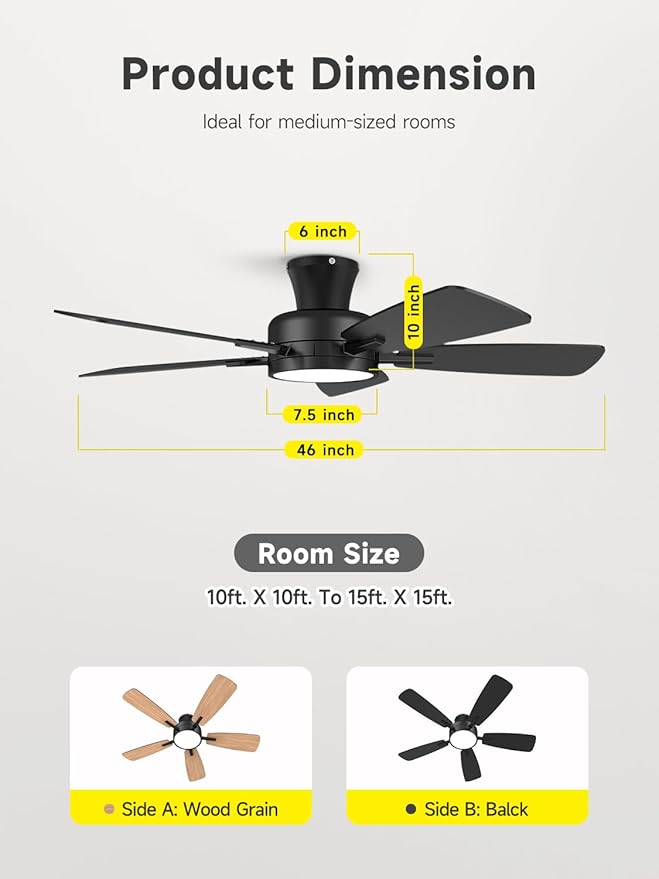 TALOYA Ceiling Fans with Lights and Remote, 46 Inch Low Profile Ceiling Fan with Light, Flush Mount, Reversible, 3CCT, Dimmable Black Modern Ceiling Fan for Bedroom, Living Room, Outdoor Patio