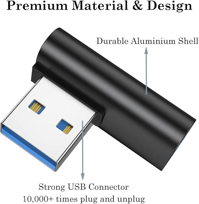 AuviPal 90 Degree USB 3.1 Adapter (2 Pack), Right and Left Angle USB A Male to Female Connector Extender for PC, Laptop, USB A Charger, Raspberry Pi and More