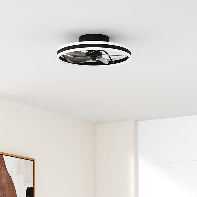 VOLISUN Low Profile Ceiling Fans with Lights and Remote, 19.7in Flush Mount Ceiling Fans with Light, 3000K-6500K Dimmable Fandelier LED Fan Light, Black Bladeless Ceiling Fans with Lights for Bedroom