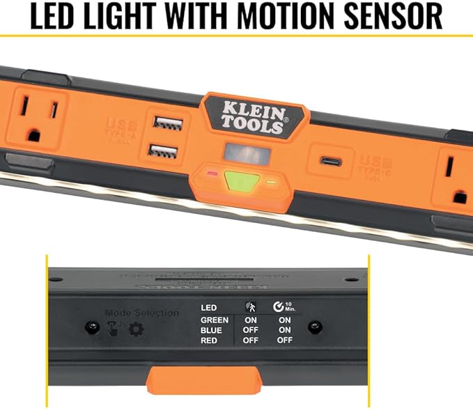 Klein Tools 29602 Magnetic Power Strip, Surge Protector with Motion Sensor LED Light, 5 Outlets, USB-C and 2 USB-A Ports, 5-Foot Cord, Heavy Duty for Workshop