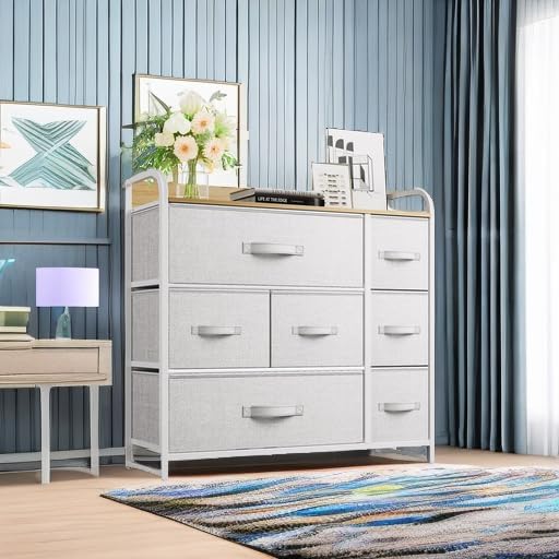 YITAHOME 7 Drawer Dresser, Storage Organizer with Shelves, Fabric Dresser, Chest of Drawers, Living Room, Closets, Sturdy Steel Frame, Wooden Top, Easy Pull Fabric Bins