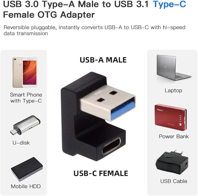 NFHK USB-C Type C Female Opposite U Shape Back Angled to USB 3.0 A Male Data Adapter for Laptop Desktop