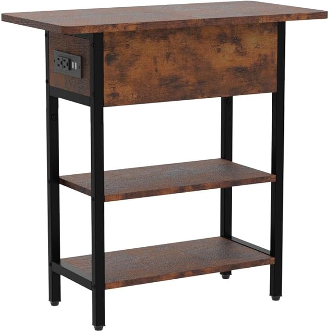 Yoobure End Table with Charging Station, Flip Top Side Table with USB Ports and Outlets, Sofa Couch Table Bedside Table for Living Room Bedroom, Narrow Nightstand with Storage Shelves for Small Space