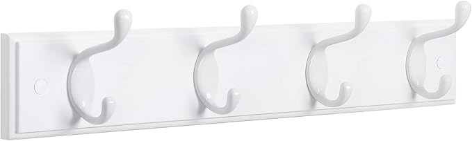 SONGMICS Wall-Mounted Coat Rack, Hook Rack, 4 Dual Metal Hooks, for Coats, Bags, Keys, in the Entryway, Bedroom, Living Room, White ULHR23WT