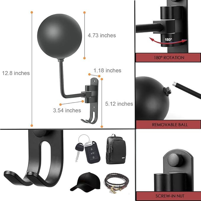 SANGMO Grey 180° Motorcycle Helmet Rack, Rotation Metal Helmet Holder Wall Mount, Helmet Holder Bike with 2 Hooks Helmet Hanger for Motorcycle Bike Coats, Caps, Baseballs, Rugby Helmet