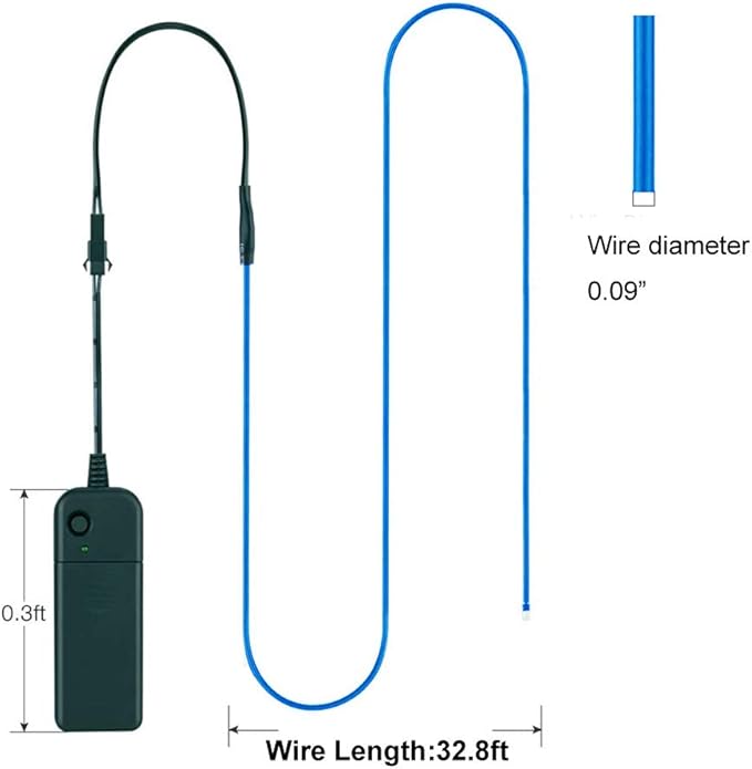 MaxLax EL Wire Blue, 32.8ft/10m Portable Battery Pack Neon Light Strip 360° Cuttable Glowing Rope Lights for Parties, Halloween, DIY Decoration