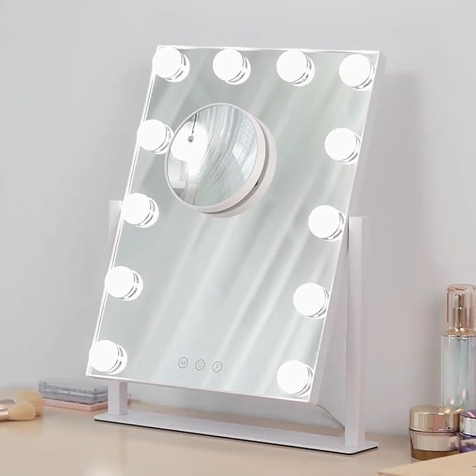 HIEEY Hollywood Makeup Mirror with 12 Dimmable Bulbs Lights, Three Color Lighting Modes, with 4in 20X Magnification Mirror, Smart Touch Control, 360°Rotation (White,Gift Box)