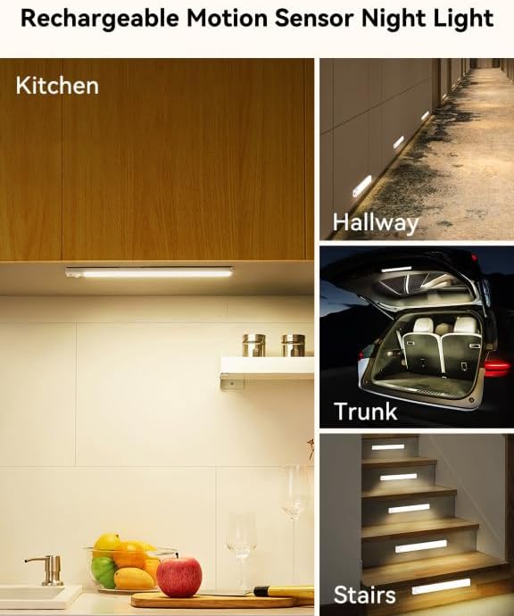 Under Cabinet Lighting 12 Inches Rechargeable Motion Sensor Light Indoor, 3 Color Dimmable Closet Light Battery Operated, USB Stick on LED Magnetic Under Counter Lights for Kitchen Stair, 3Packs