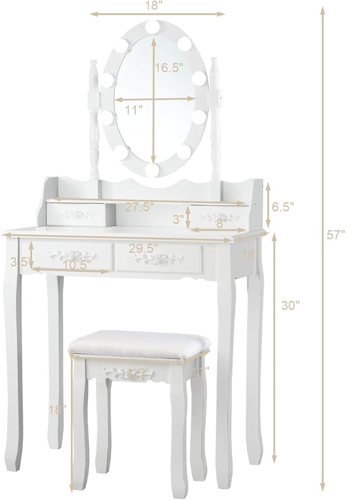 Giantex Makeup Vanity Table with 10 LED Lights, Adjustable Brightness, 3 Color Light Modes, 4 Drawers, Rotatable Mirror, Cushioned Stool, Vanity Desk Dressing Table Bedroom Furniture (White)