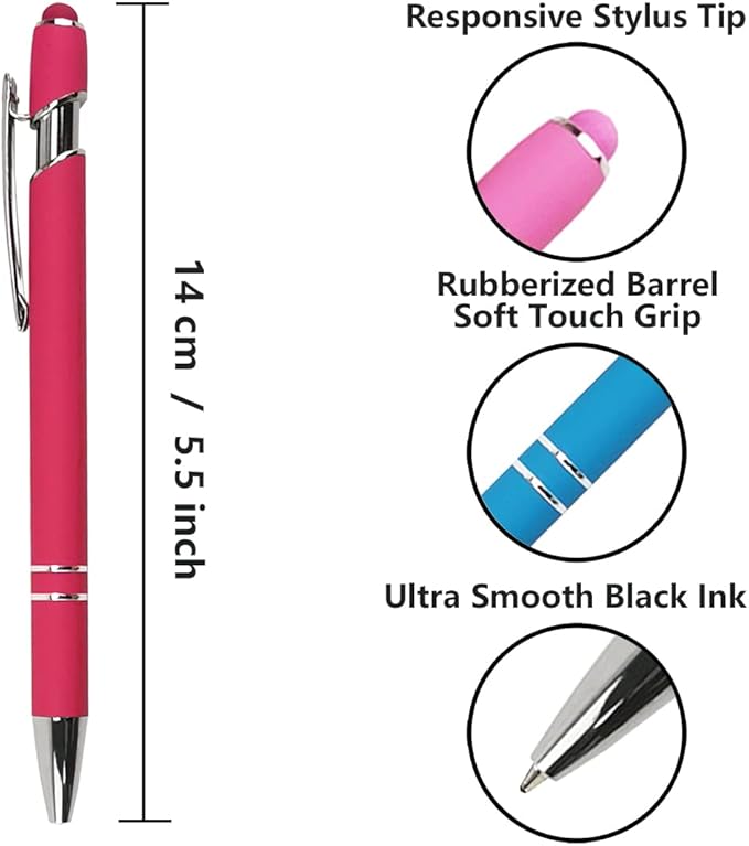 Ballpoint Pen with Stylus Tip, Soft Touch Click Metal Pen, 1.0mm Medium Point, Black Ink, 12 Count(4 Colors)