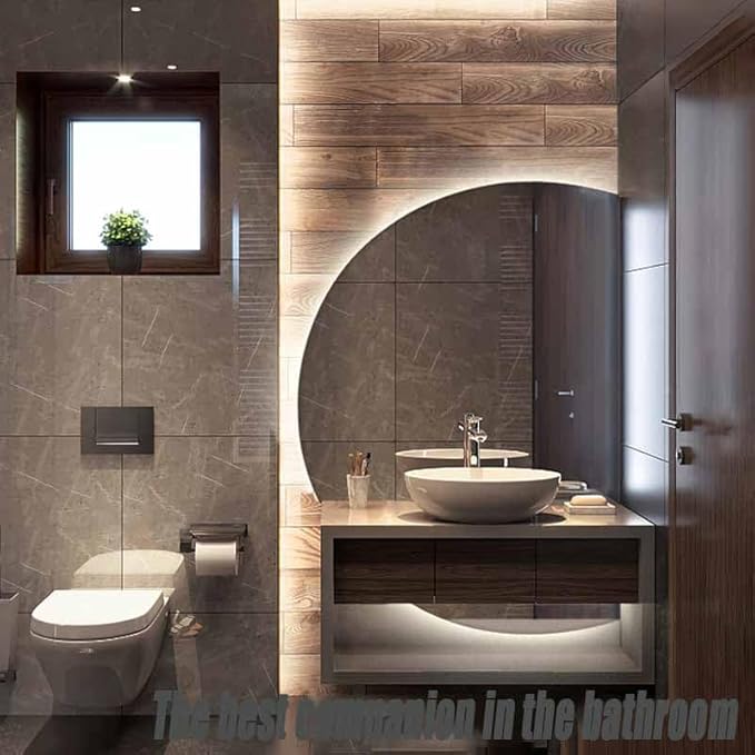 Half Moon LED Bathroom Mirror,Frameless Backlit Wall Mirror, Anti-Fog Smart Vanity Mirror,3 Colors Lights Dimmable Brightness and Time,Touch Switch (Left Semicircle, 100 * 70)