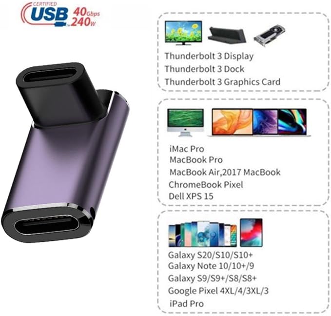 chenyang USB C Connector,USB4 Type C Female to Female 240W Power 40Gbps Data 8K Video Adapter 90 Degree Angled for NS Phone Laptop