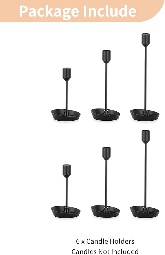 NUPTIO Black Candlestick Holders for Table: 6 Pcs Taper Candles Holders Bulk for Halloween - Tall Candle Stick Holder for Birthday Party Living Room Fireplace Centerpiece