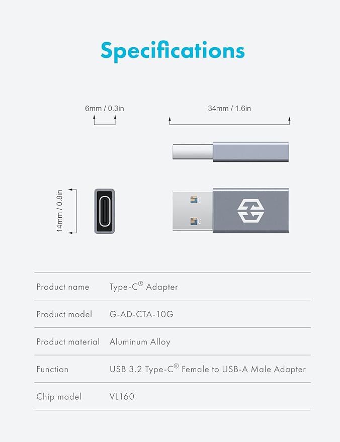GRAUGEAR USB-C Adapter, 10Gbps Double Sided Data Transfer, 3A Fast Charging, USB C Female to USB A Male Adapter 3.2, Compatible with PC, Laptop, MacBook, iPhone, iPad, Apple Watch, Carplay