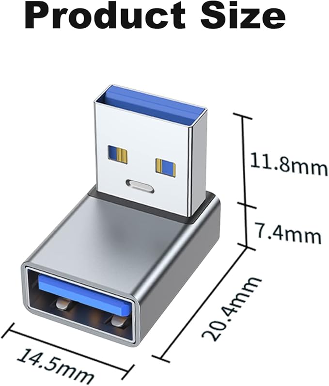 AreMe 90 Degree USB 3.0 Adapter 2 Pack, Up and Down Angle USB A Male to Female Converter Extender for PC, Laptop, USB A Charger, Power Bank and More (Grey)