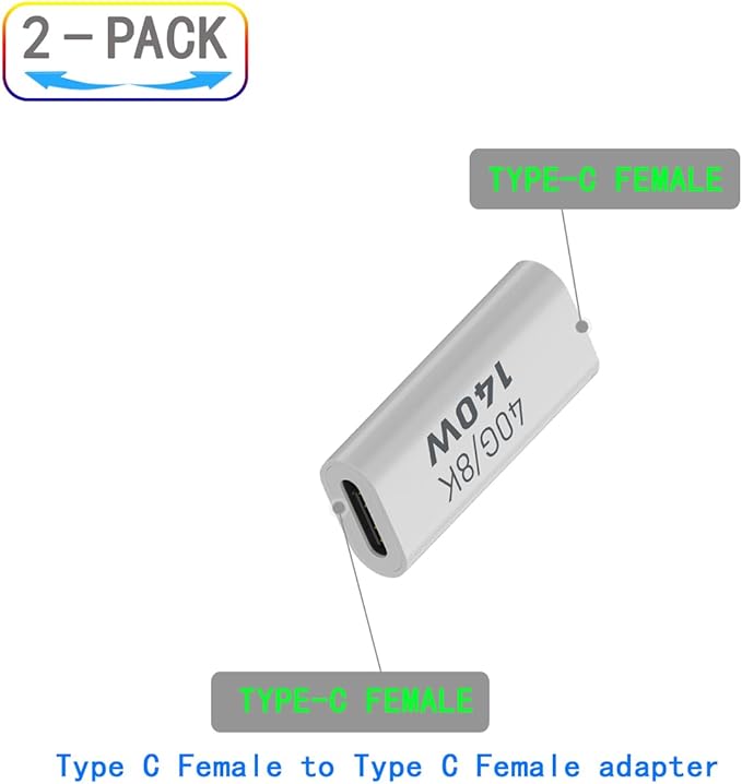 USB C Female to Female Adapter, USB Type C Coupler Extender Support 140W, 40Gbps, 8K@60Hz for Laptop, Phones and More Type C Devices (White),2 Pack