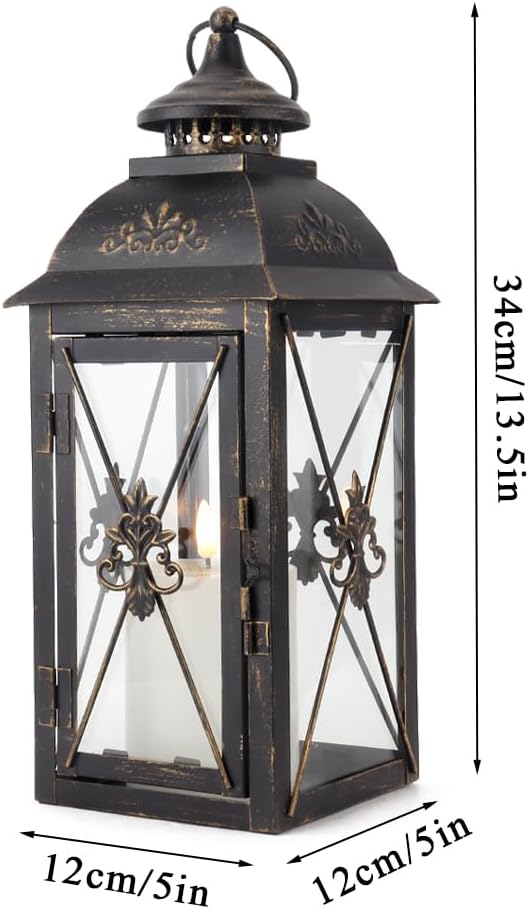 TRIROCKS Decorative Hanging Lantern 13.5'' High Vintage Metal Candle Holder with Tempered Glass Perfect for Living Room Garden Yard Patio Parties Events Indoors Outdoors (Black)