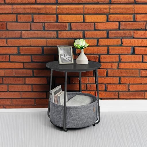 VASAGLE LILEA Collection - Small Round Side End Table, Modern Nightstand with Fabric Basket, Ebony Black and Slate Gray ULET223B01