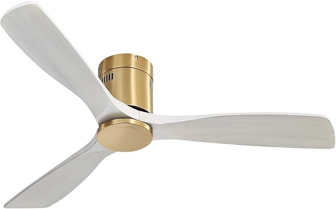 Sofucor 52 Inch Solid Wood Ceiling Fan Without Lights Flush Mount Ceiling Fans with Remote Control, Wood Blades Modern Outdoor Ceiling Fan No Light for Bedroom/Farmhouse/Patio/Indoor, Grey Gold