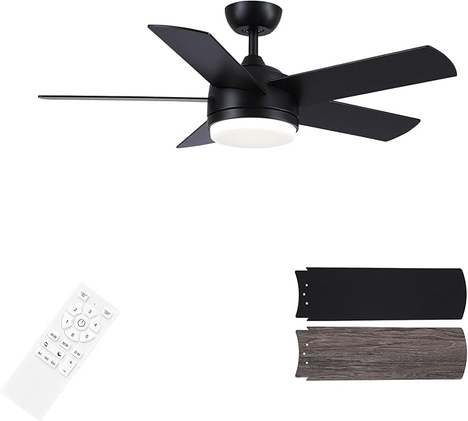 YUHAO 44 Inch Black Ceiling Fan with Light and Remote Control.Noiseless,Dimmable,3CCT,6 Speeds Reversible, DC Ceiling Fans for Indoor or Covered Outdoor