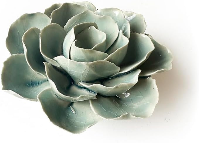 CHIVE ‘Coral’ — Beautiful, Decorative Ceramic Flower — Unique Tablescape Piece — Small Set of (Light Green Flower, Green Rose, Teal Ranunculus).