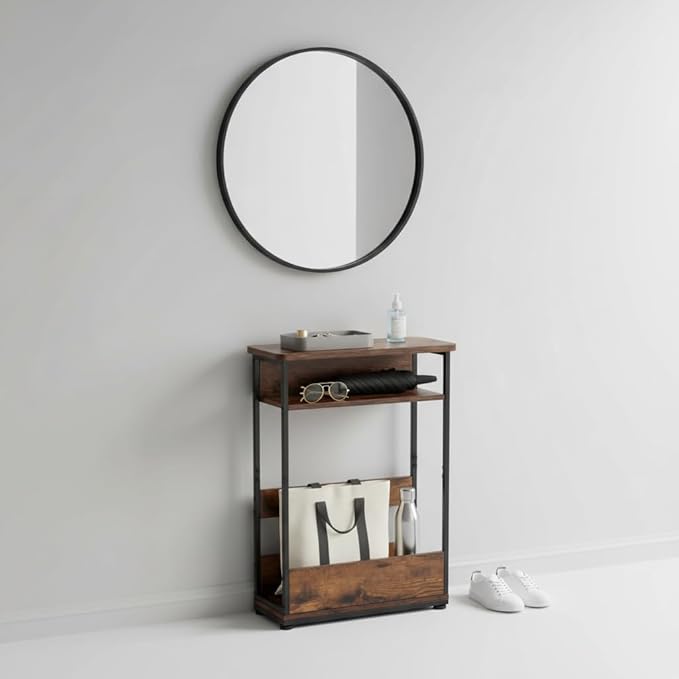 Narrow Side Table,3-Tier Slim End Table with Storage Shelf,Modern Sofa Table Thin Side Table for Narrow and Small Spaces, Skinny Bedside Table Small Nightstand with Magazine Rack Space Saving/Brown
