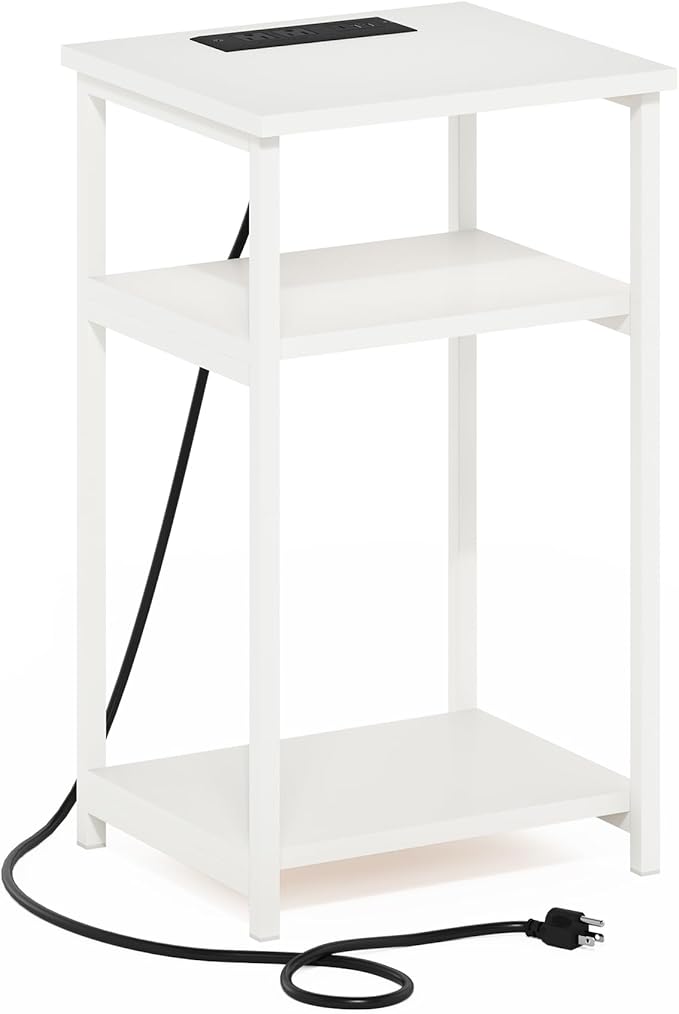Furinno Moretti Side Table, 3-Tier End Table with Charging Station, Metal Frame Night Stand, Bedside Table with USB and Type-C Charging Port, for Living Room, Bedroom, White