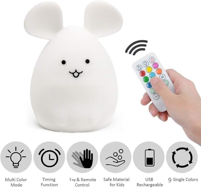Mouse Night Light for Kids, Rechargeable LED Children Lamp, Soft Silicone (BPA Free) for Baby/Boys/Girls/Adults, Remote & Touch Control Adjustable Brightness and Colors, Indoors/Outdoors