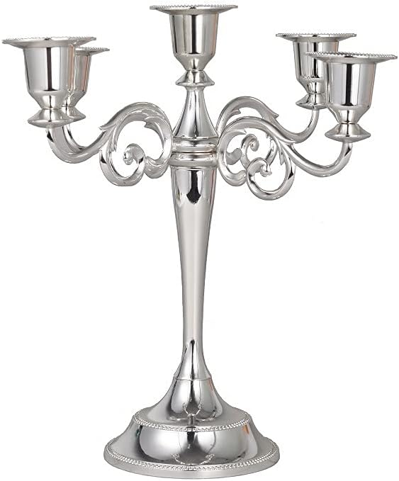 Black Candelabra Candle Holders for Pillar Candles 10.6 inch Tall, 5 Candle Candlestick Holder for 1/2-1 inch Taper Candles Halloween Candelabra Decoration Easy Assembly (Silver)