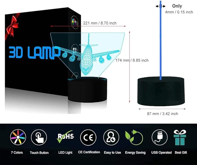 Airplane Night Light 3D Illusion Lamp 16 Color Changing USB Charging/Battery Powered Touch Control with Remote LED Table Desk Decor Lamps Christmas Birthday Gift for Kid Boy Pilot Plane Lover