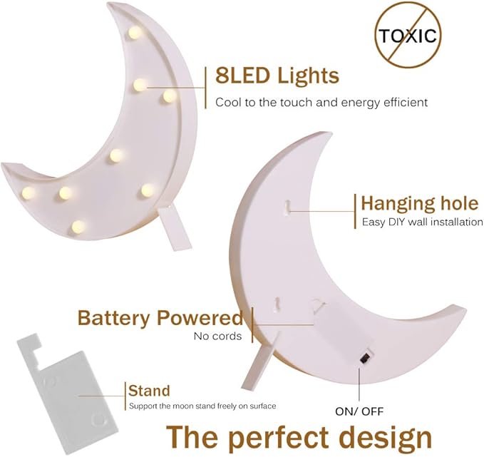 Pooqla Decorative LED Crescent Moon Marquee Sign - Moon Marquee Letters LED Lights - Nursery Night Lamp Gift - Ramadan Decorations for Home(White)