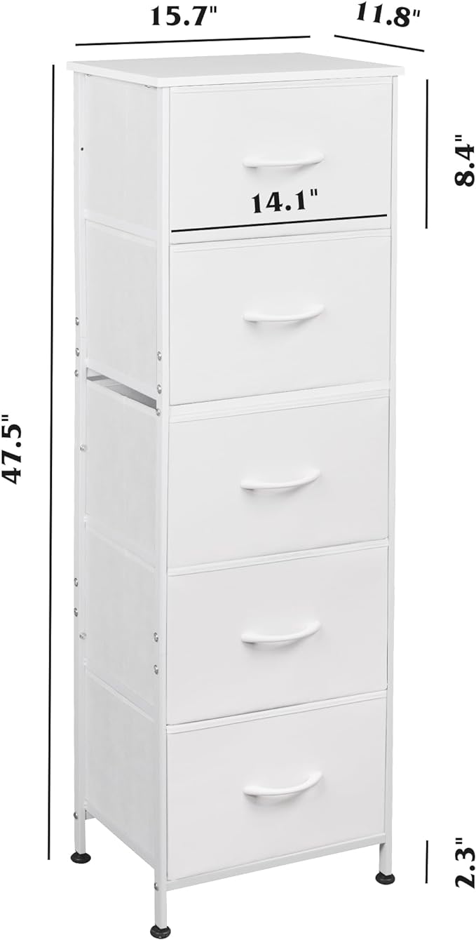 WLIVE Fabric Dresser, 5-Drawer Tall Dressers for Bedroom, Storage Dresser Organizer with Fabric Bins, Wood Top, Sturdy Steel Frame, Chest of Drawers for Closet, Hallway, White