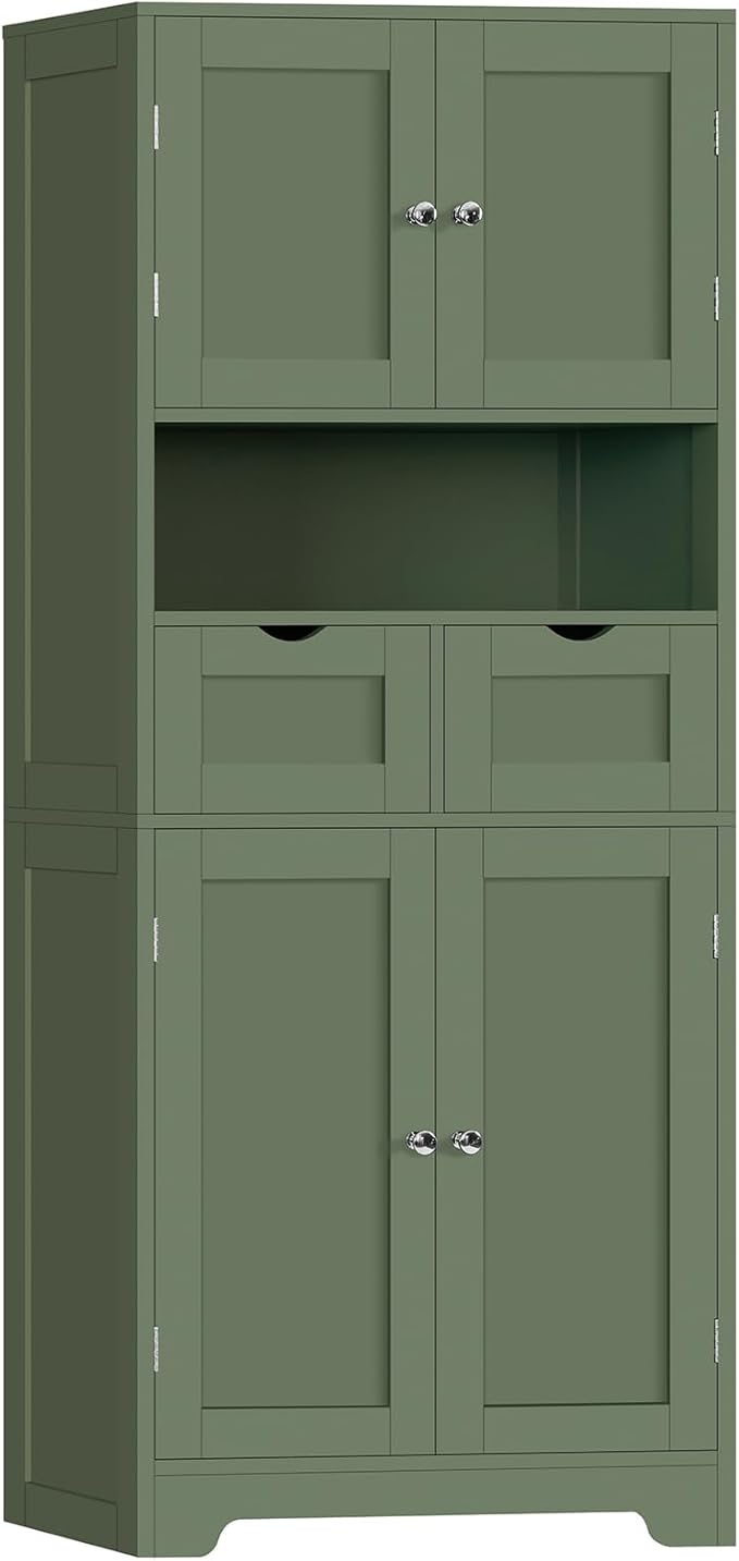 Iwell 58" H Tall Bathroom Storage Cabinet with 2 Drawers & 2 Adjustable Shelves, Bathroom Cabinet with 4 Doors, Tall Cabinet for Living Room, Dining Room, Entryway, Forest Green