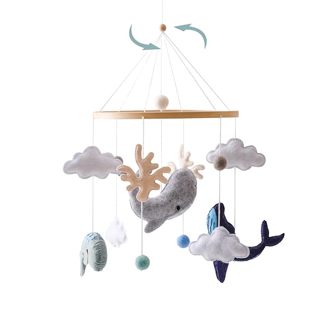 EERKEOD Baby Crib Mobile Ocean Nursery Mobile for Boys Girls Handmade Felt Mobile for Crib Nursery Decor for Infant Bedroom Hanging Baby Mobile for Bassinet Newborn Baby Gift（Whales）