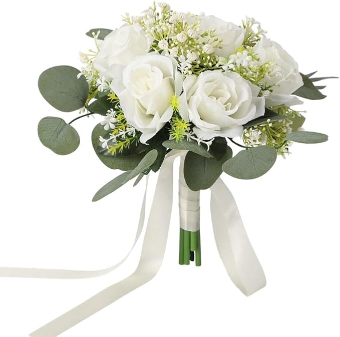 Wedding Rose Bouquet Bridesmaid Flower Bouquets, Artificial Rose White Wedding Bouquets for Bride Bridesmaid Bouquet Faux Bouquet Bride Bridesmaid Holding Flower for Wedding Decor