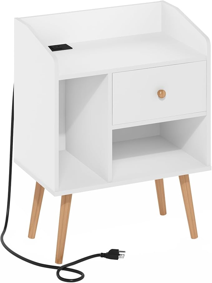 Furinno Claude Side Table, Mid Century End Table with Charging Station, Wooden Legs Night Stand, Bedside Table with USB and Type-C Charging Port, for Living Room, Bedroom, White