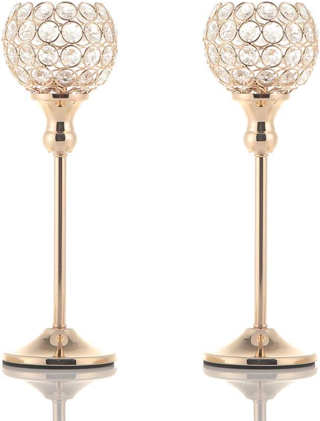 VINCIGANT Gold Crystal Candle Holders Set of 2 for Fireplace Coffee Table Mantle Decor,Wedding Home Halloween Decoration Centerpieces