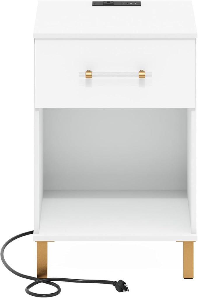Furinno TIDUR Side Table, Drawer End Table with Charging Station, Night Stand, Bedside Table with USB and Type-C Charging Port, for Living Room, Bedroom, White