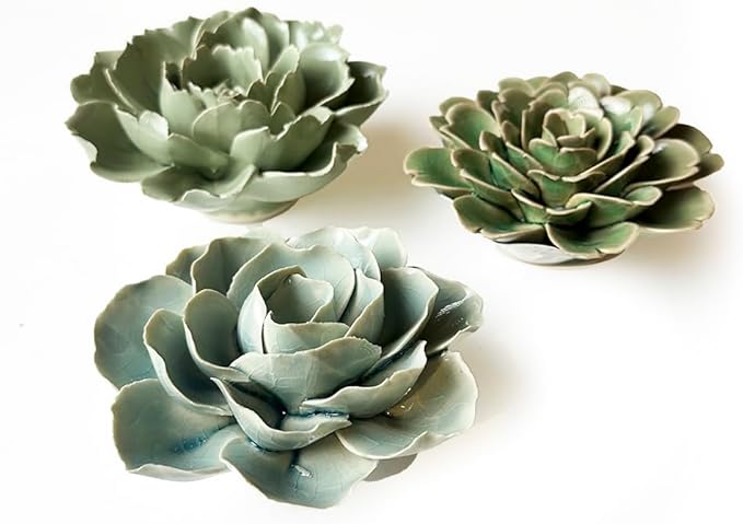 CHIVE ‘Coral’ — Beautiful, Decorative Ceramic Flower — Unique Tablescape Piece — Small Set of (Light Green Flower, Green Rose, Teal Ranunculus).