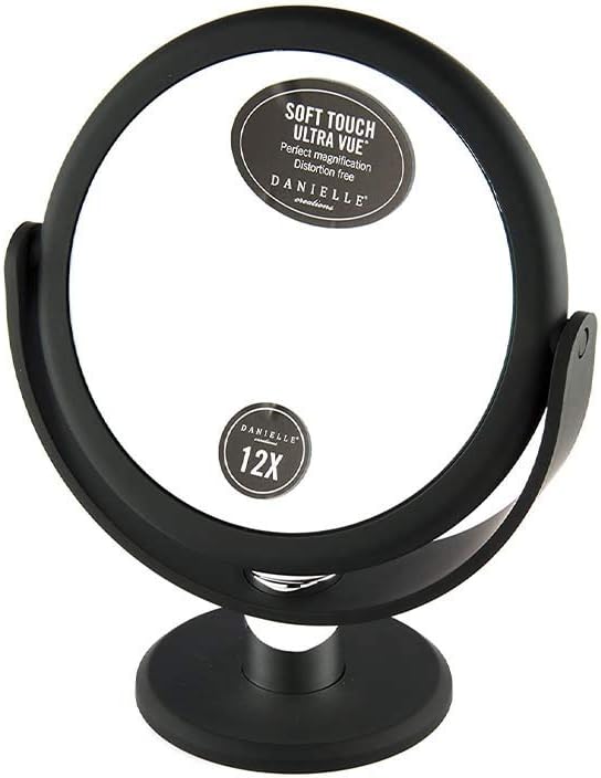 Danielle Creations 6.75-Inch Portable Two-Sided Vanity Round Vanity Makeup Mirror, No-Slip Soft Touch with 360 Rotation, 12x Magnification, Midnight Matte Black
