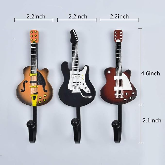 KUNGYO Vintage Guitar Shaped Decorative Hooks Rack Hangers for Hanging Clothes Coats Towels Keys Hats Metal Resin Hooks Wall Mounted Heavy Duty (3-Pack) (Guitar Hook-B)