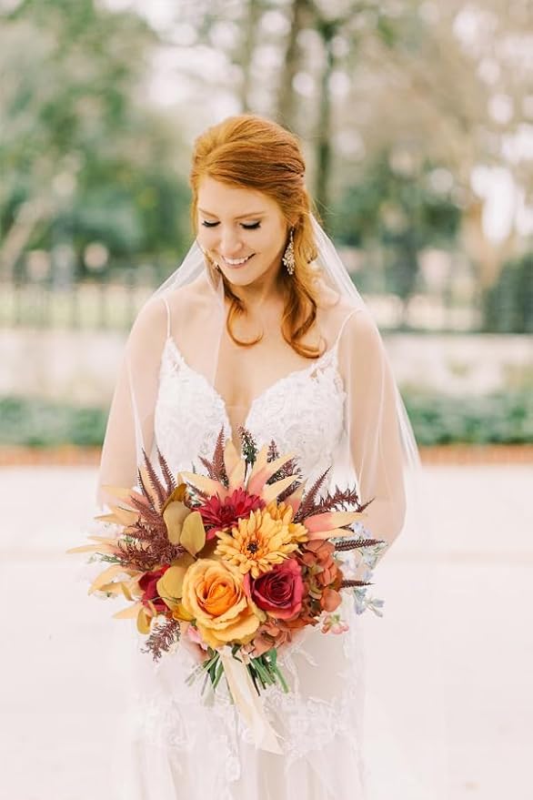 Artificial Fall Flowers Bouquet for Decoration, Fall Fake Silk Flower Arrangements Faux Autumn Flowers Fall Decorations for Home Indoor Office Wedding Bride Bouquets Tables Centerpieces Fall Decor