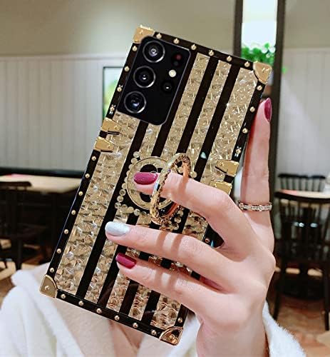 for Samsung Galaxy A53 5G Case, Gold Bling Glitter Rose Flower Design Soft Trunk Cover with Ring Kickstand