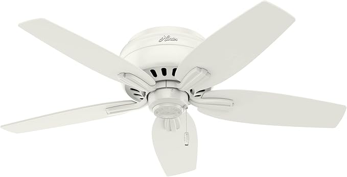 Hunter 42 inch Indoor Ceiling Fan with LED Light - White Ceiling Fan with Pull Chain, For Bedroom or Living Room, Low Profile Mount, No Remote, 5 Blades, Includes Bulbs - Newsome 51080, Fresh White