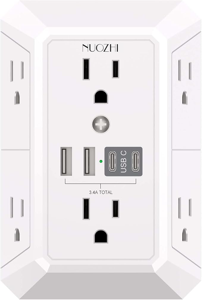 Outlet Extender Surge Protector - NUOZHI 6 Outlet Splitter with 4 USB Ports(2 USB-C), Multi Plug Wall Outlet 1680J Power Strip for Home Office Dorm Room Essentials, ETL, White