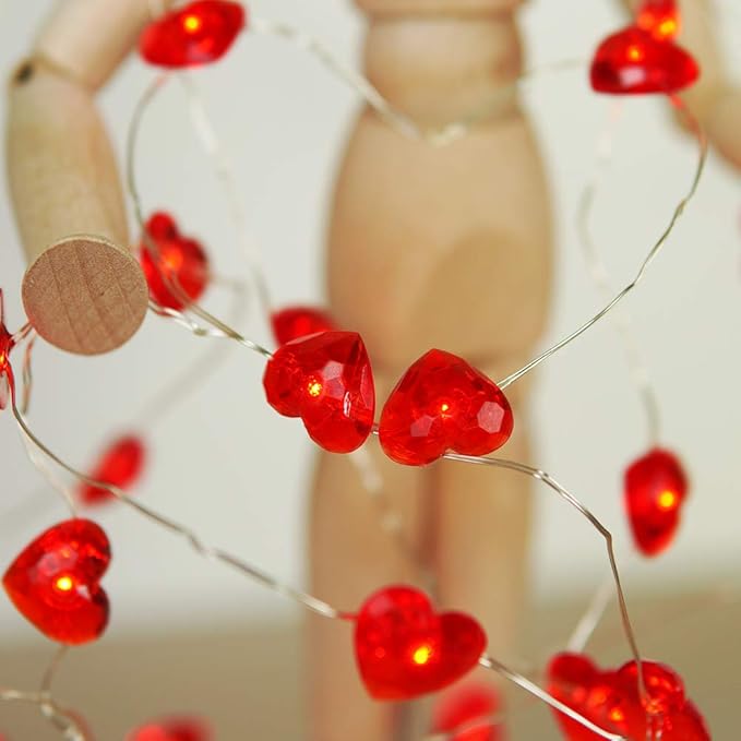 BOHON Valentine Day Decorations 10 ft 40 LEDs Red Heart Shaped Twinkle Fairy String Lights Battery Operated for Kids Bedroom Wedding Indoor Party Valentine's Day Mother's Day Decor with Remote