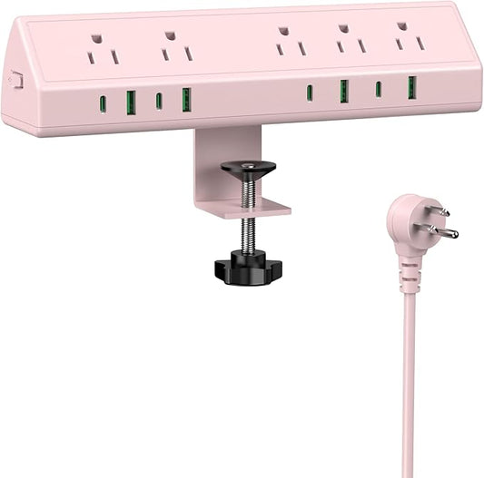Jgstkcity Desk Clamp Power Strip,45W Fast Charging Station,4 USB-C,4 USB-A,1200J Surge Protector,ETL Listed,1875W Extension Cord,Multiple Outlets for Home, Office (Pink, 10 FT Cable)