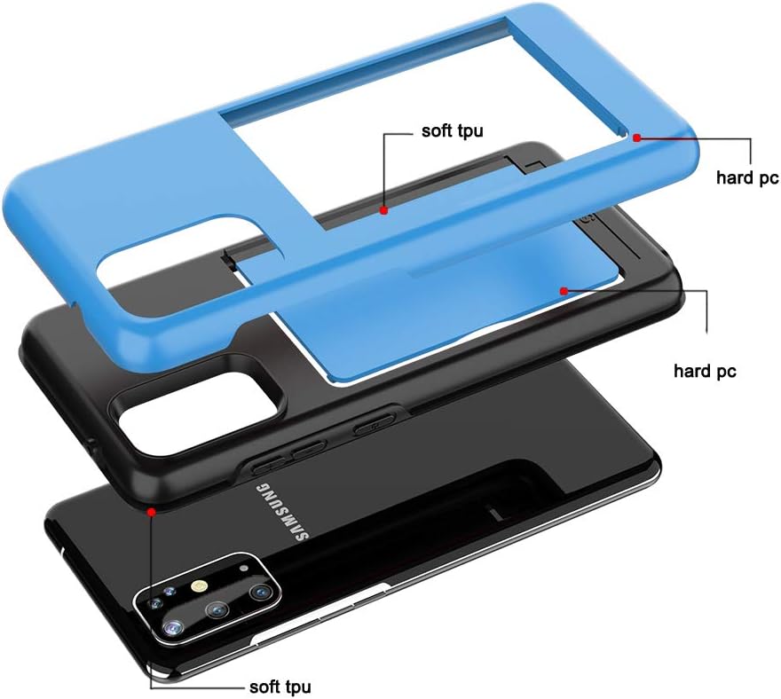 Phone Case for Samsung Galaxy A51 5G, Tempered Glass Screen Protector Cover with Credit Card Holder, Rugged Blue