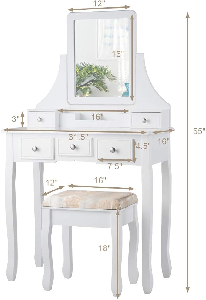 CHARMAID Makeup Vanity Set with Mirror and Cushioned Stool, Dressing Table with 5 Drawers and Removable Storage Organizers, Bedroom Makeup Table with Stool for Women Girls (White)
